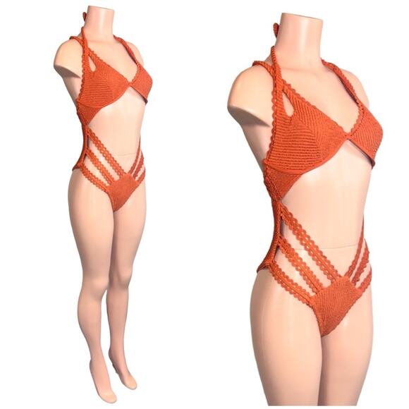 Despi Textured Burnt Orange Halter Underwire One Piece SZ L $198 - Picture 11 of 14
